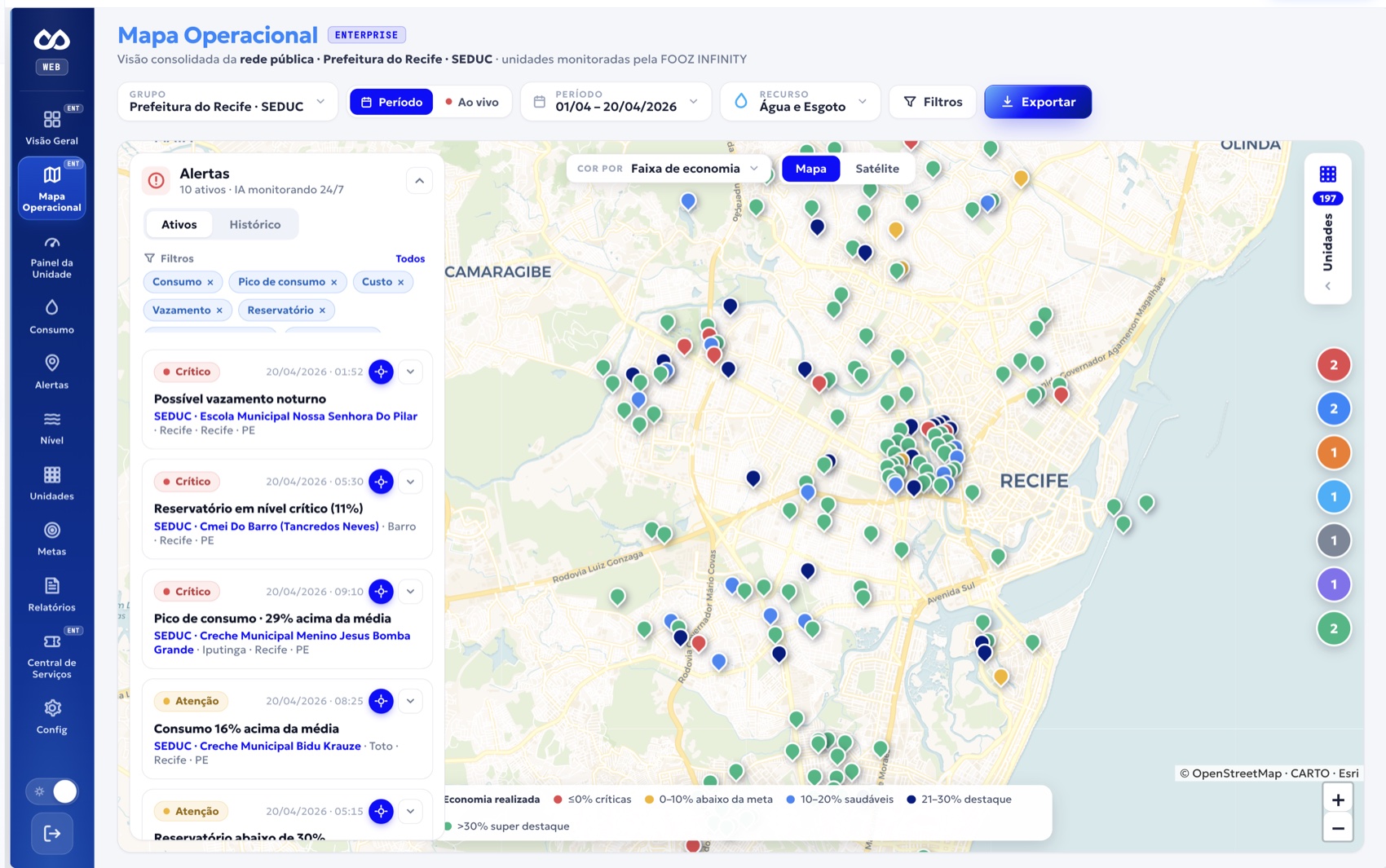 Mapa Operacional FOOZ INFINITY com a rede SEDUC georreferenciada e colorida por faixa de economia